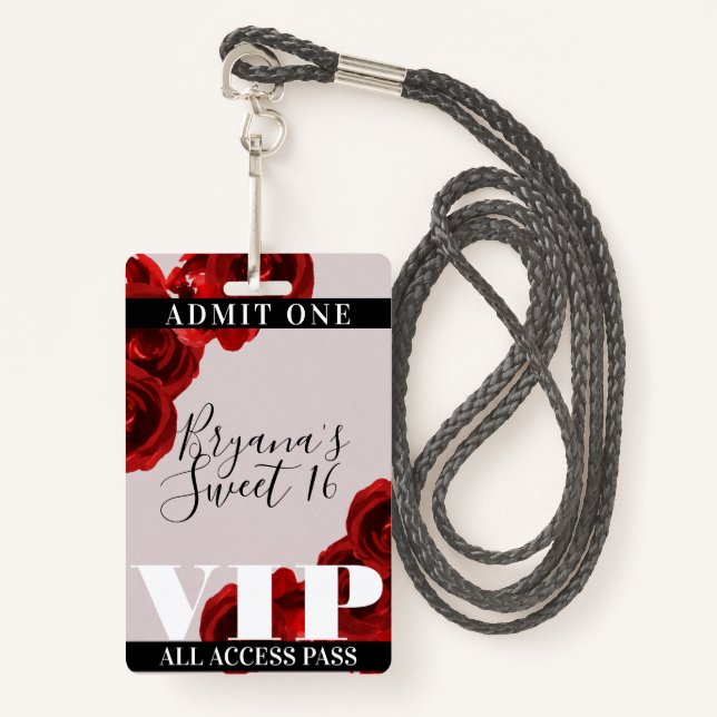 Red Roses Rustic Chic Sweet 16 VIP Pass ID Badge (Front with Lanyard)