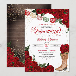 Red Roses Rustic Western Charro Boots Quinceañera Invitation