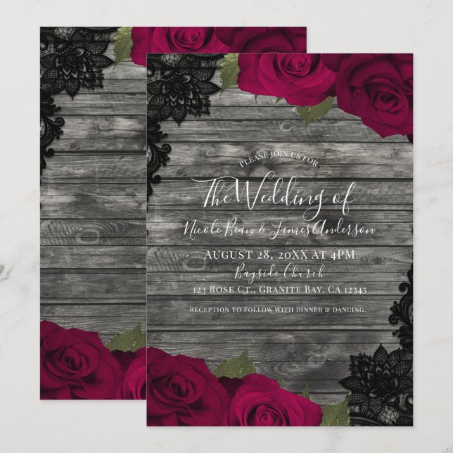 Red Roses Rustic Wood Black Lace Elegant Wedding Invitation (Front/Back)