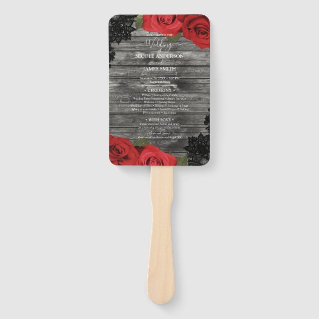 Red Roses Rustic Wood Black Lace Wedding Hand Fan (Front)
