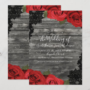 Red Roses Rustic Wood Black Lace Wedding Invitation