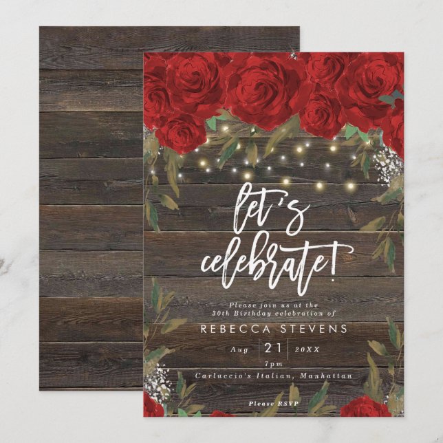 red roses rustic wood let's celebrate birthday invitation (Front/Back)