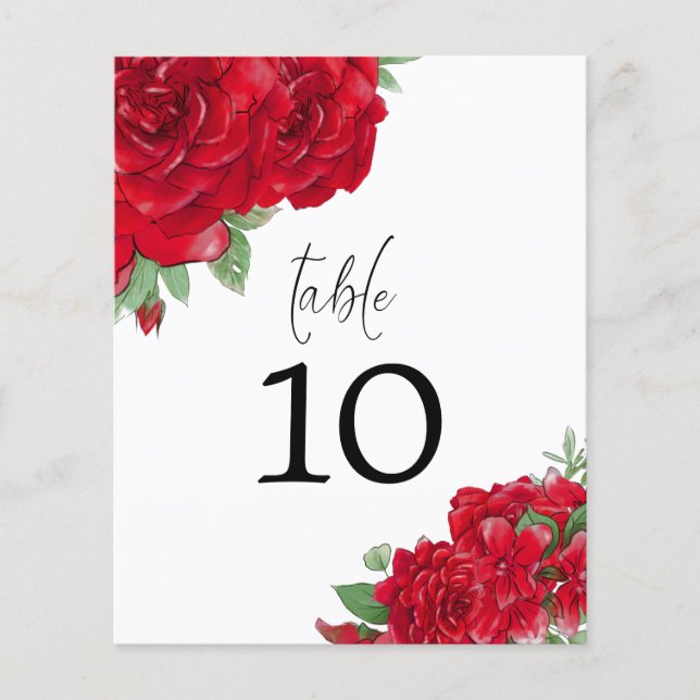 Red Roses Script Wedding Table Number (Front)