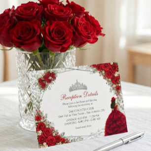 Red Roses Silver Butterflies Quinceañera Enclosure Card