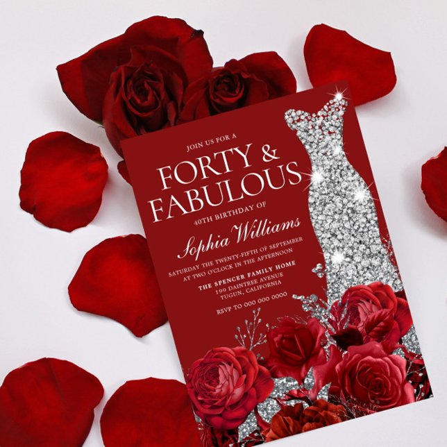 Red Roses Silver Diamond Gown 40th Birthday Party Invitation (Creator Uploaded)