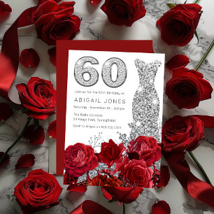 Red Roses Silver Diamond Gown 60th Birthday Invitation