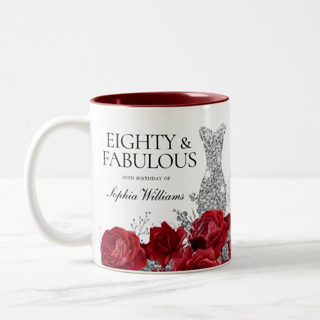 Red Roses Silver Dress 80th Birthday Party Favour Two-Tone Coffee Mug (Left)