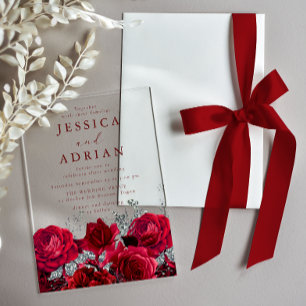Red Roses & Silver Elegant Wedding Acrylic Invitations