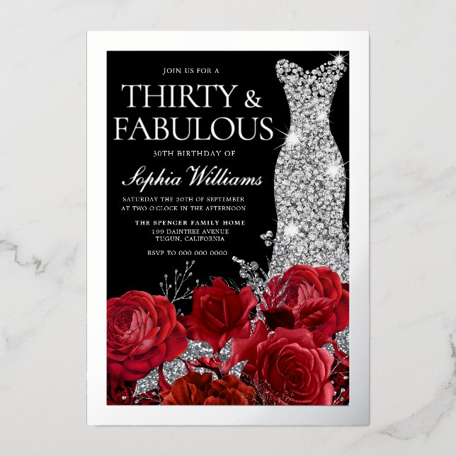 Red Roses & Silver Foil Black 30th Birthday (Front)