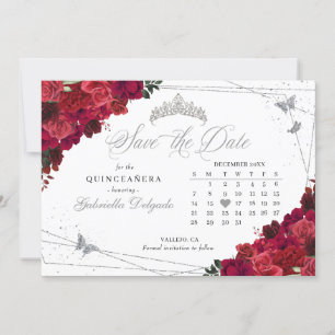 Red Roses & Silver Quinceañera Save The Date Invitation
