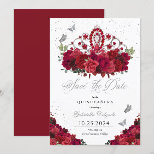 Red Roses & Silver Tiara Save The Date Quinceañera Invitation