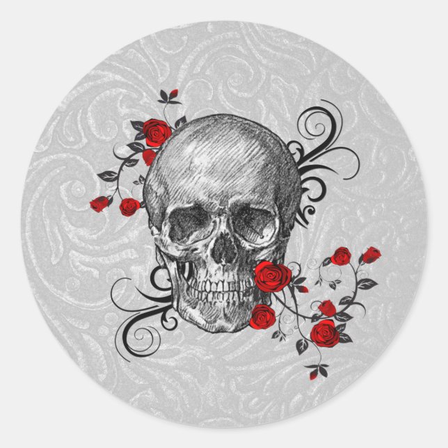Red Roses Skull Classic Round Sticker (Front)
