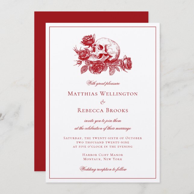 Red Roses Skull Modern Gothic Wedding Invitation (Front/Back)