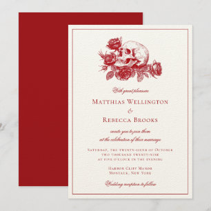 Red Roses Skull Modern Gothic Wedding Invitation