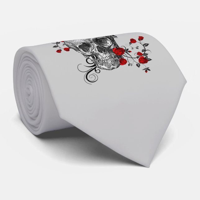 Red Roses Skull Tie (Rolled)