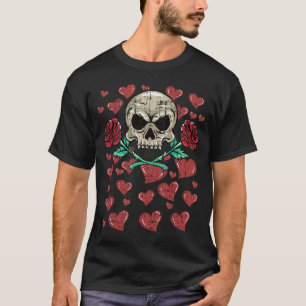 Red Roses Skull Valentines Red Hearts Skeleton T-Shirt