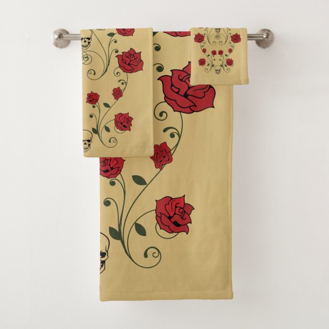 Red Roses & Skulls Bathroom Towel Set (Insitu)