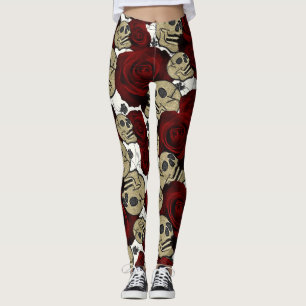 Red Roses & Skulls Black Flora Gothic White Leggings
