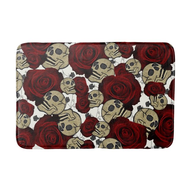 Red Roses & Skulls Black Floral Gothic White Bath Mat (Front)