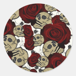 Red Roses & Skulls Black Floral Gothic White Classic Round Sticker