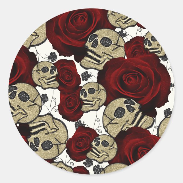 Red Roses & Skulls Black Floral Gothic White Classic Round Sticker (Front)