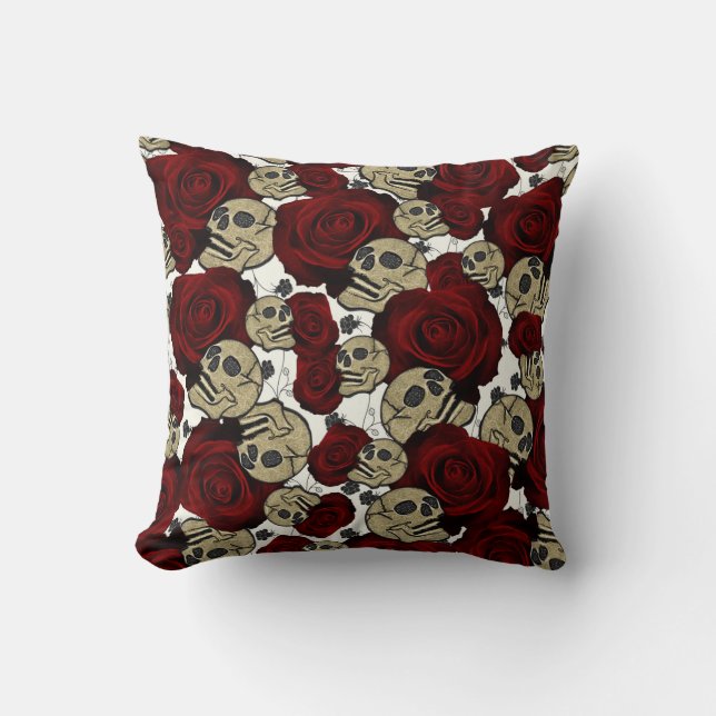 Red Roses & Skulls Black Floral Gothic White Cushion (Front)