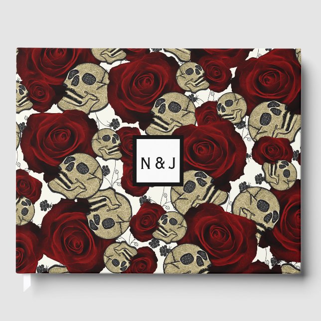 Red Roses & Skulls Black Floral Gothic White Guest Book (Front)