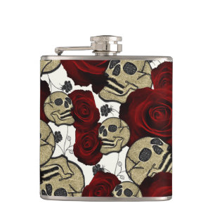 Red Roses & Skulls Black Floral Gothic White Hip Flask