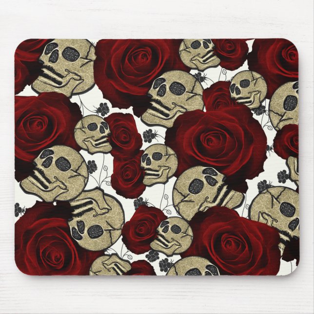 Red Roses & Skulls Black Floral Gothic White Mouse Mat (Front)