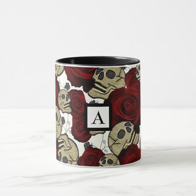 Red Roses & Skulls Black Floral Gothic White Mug (Center)