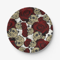 Red Roses & Skulls Black Floral Gothic White