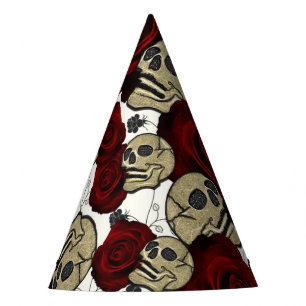 Red Roses & Skulls Black Floral Gothic White Party Hat