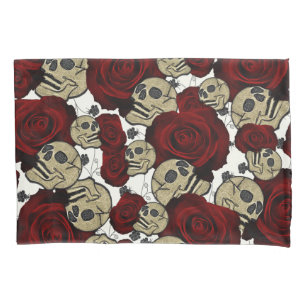 Red Roses & Skulls Black Floral Gothic White Pillowcase