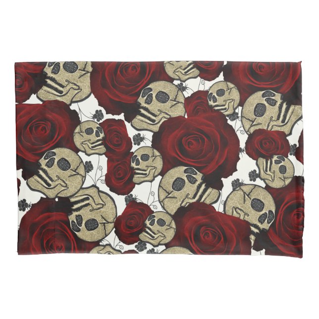Red Roses & Skulls Black Floral Gothic White Pillowcase (Front)