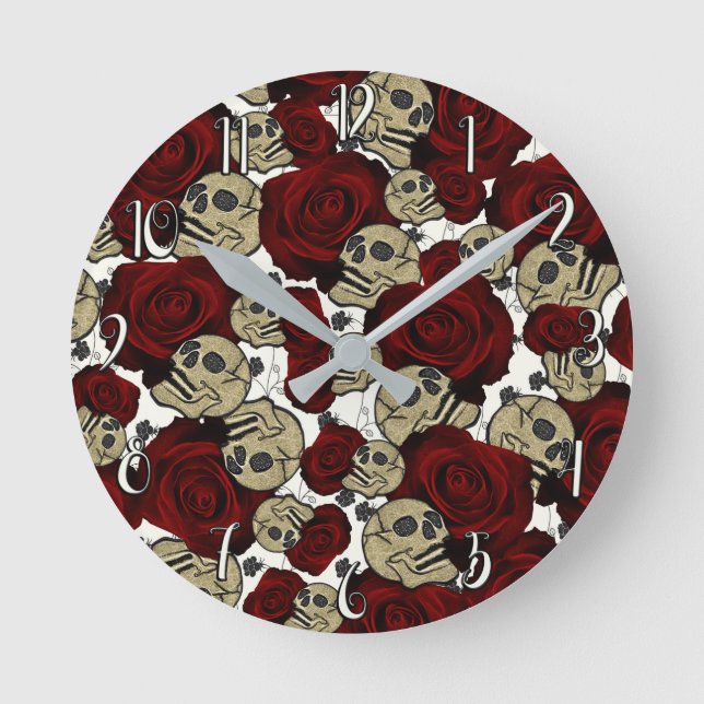 Red Roses & Skulls Black Floral Gothic White Round Clock (Front)