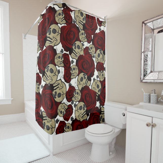 Red Roses & Skulls Black Floral Gothic White Shower Curtain (In Situ)
