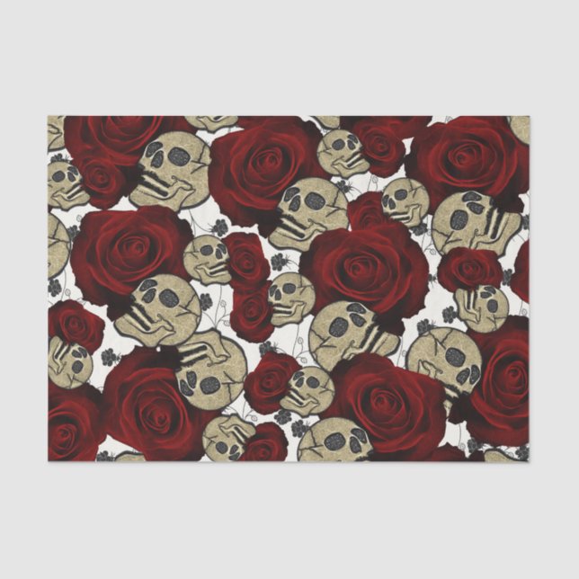 Red Roses & Skulls Black Floral Gothic White Tissue Paper (Front)