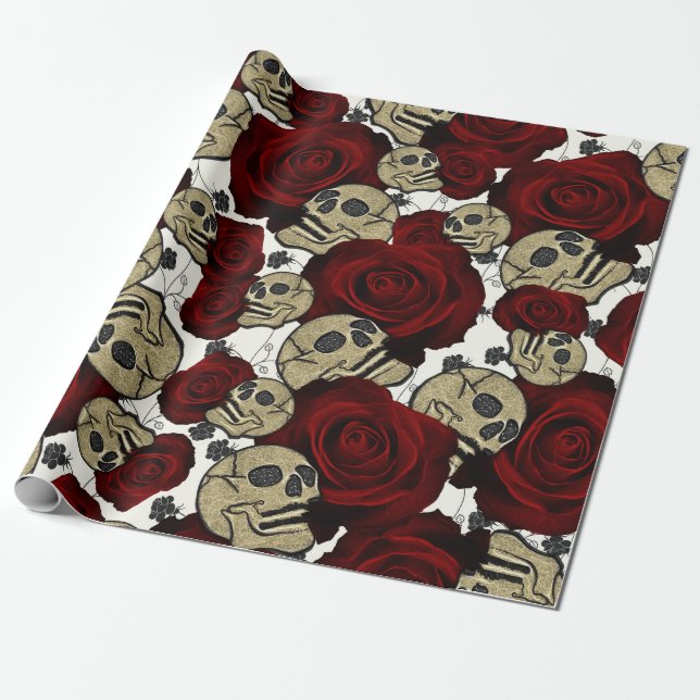 Red Roses & Skulls Black Floral Gothic White Wrapping Paper (Unrolled)