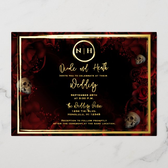 Red Roses Skulls Dark Floral Wedding Photo Gold (Front)