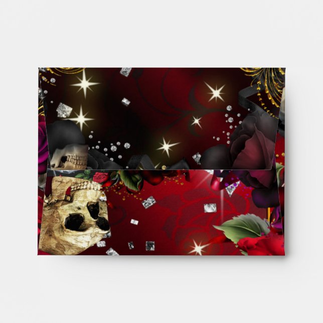 Red Roses & Skulls Gothic Bling Party Envelope (Back (Top Flap))