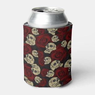 Red Roses & Skulls Grey Black Floral Gothic Can Cooler
