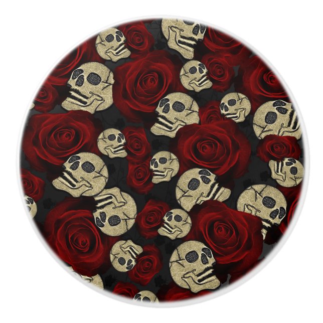 Red Roses & Skulls Grey Black Floral Gothic Ceramic Knob (Front)