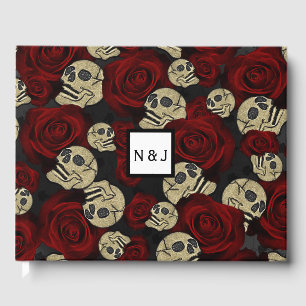 Red Roses & Skulls Grey Black Floral Gothic Guest Book