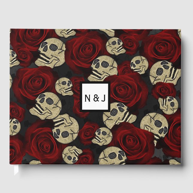 Red Roses & Skulls Grey Black Floral Gothic Guest Book (Front)