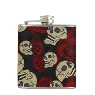 Red Roses & Skulls Grey Black Floral Gothic Hip Flask