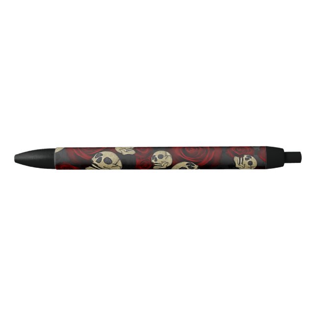 Red Roses & Skulls Grey Black Floral Gothic Ink Pen (Front)