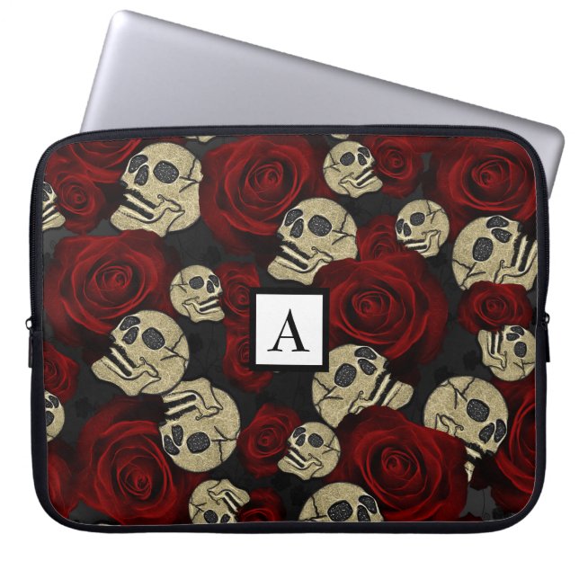 Red Roses & Skulls Grey Black Floral Gothic Laptop Sleeve (Front)