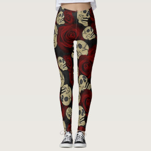Red Roses & Skulls Grey Black Floral Gothic Leggings