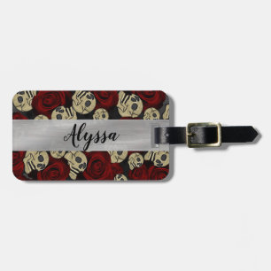 Red Roses & Skulls Grey Black Floral Gothic Luggage Tag