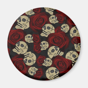 Red Roses & Skulls Grey Black Floral Gothic Magnet